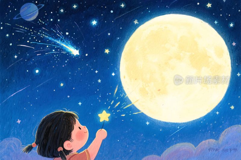 梦幻女孩月亮插画