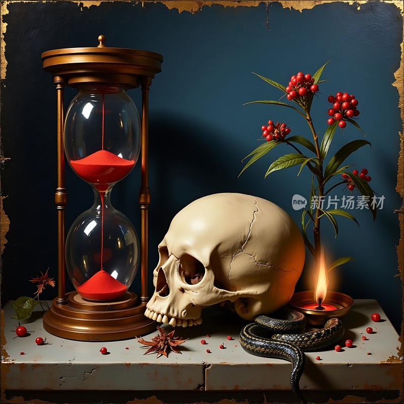 生命与时间的较量骷髅、沙漏、蜡烛、蛇