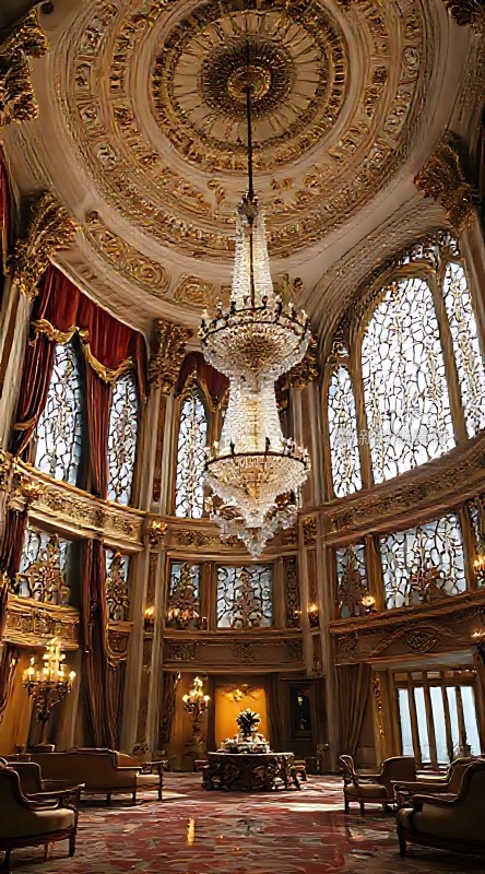 金色大厅华丽吊灯与精美雕花