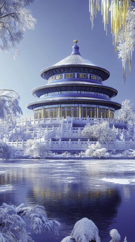 雪景中的天坛建筑与湖水倒影微缩