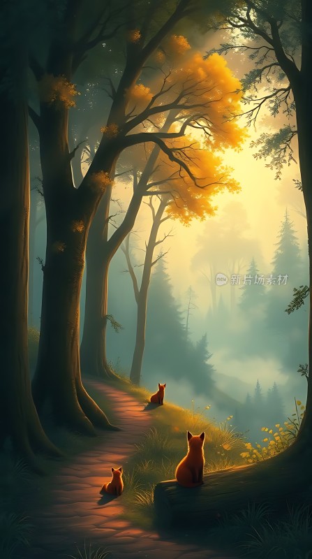 晨曦中的森林小径与三只狐狸