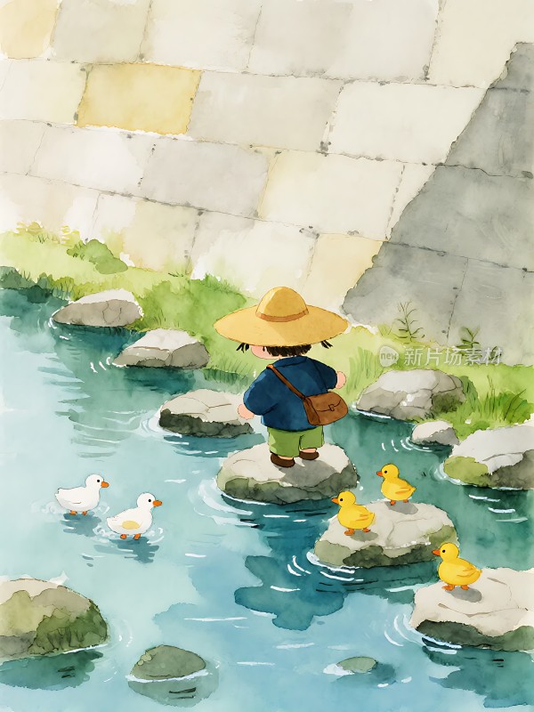 戴帽子的孩子与石头上的小鸭