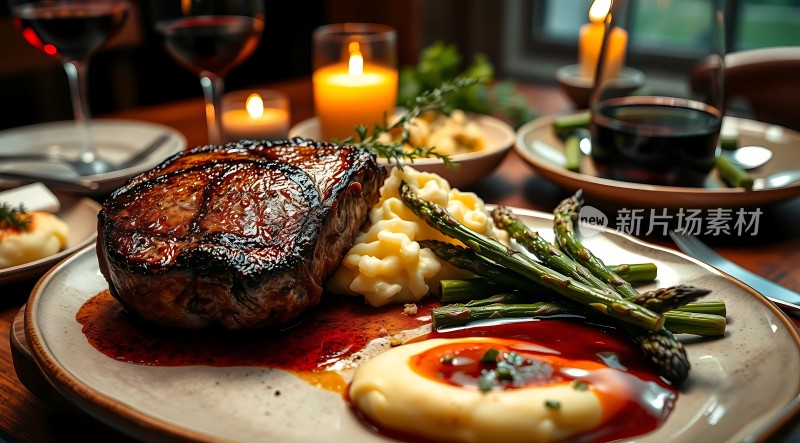 烛光晚餐美味牛排配红酒