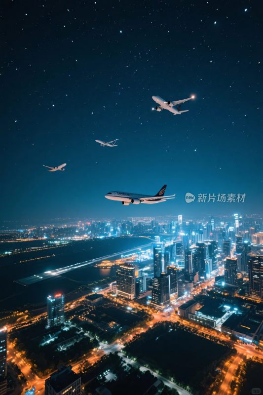 城市夜景飞机群