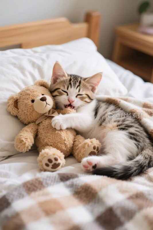 小猫抱玩具的温馨床品画面