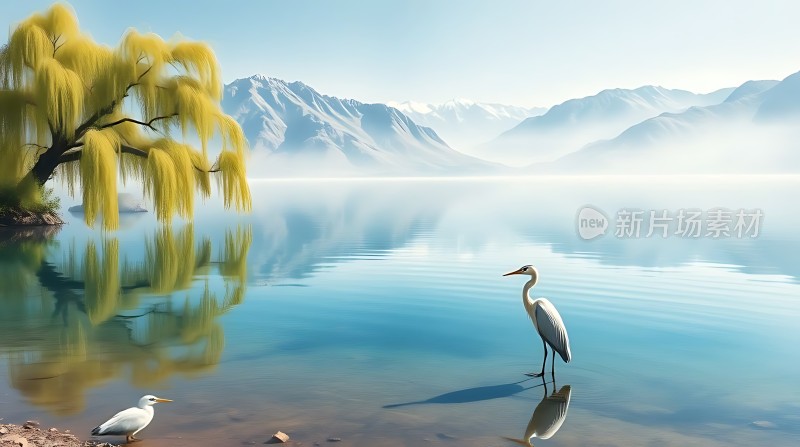 湖畔白鹭映山川