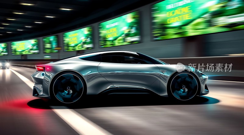 未来科技座驾银色流线型跑车高速行驶