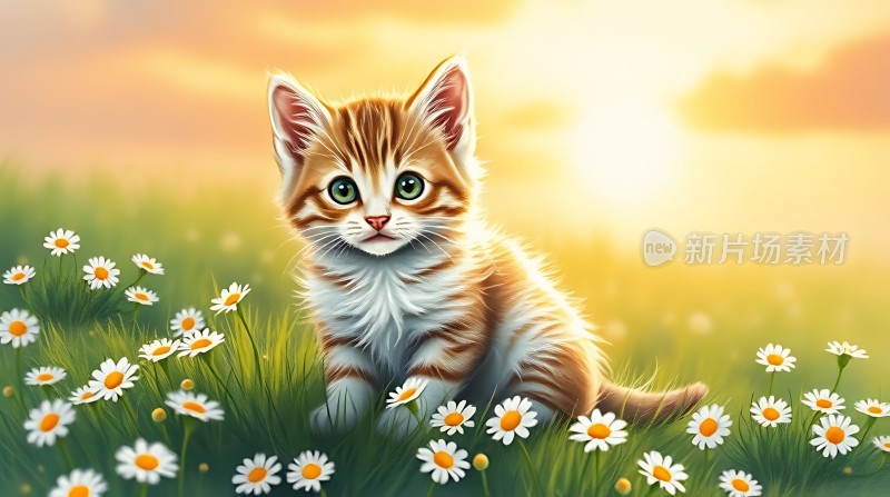 阳光下的可爱小猫与雏菊