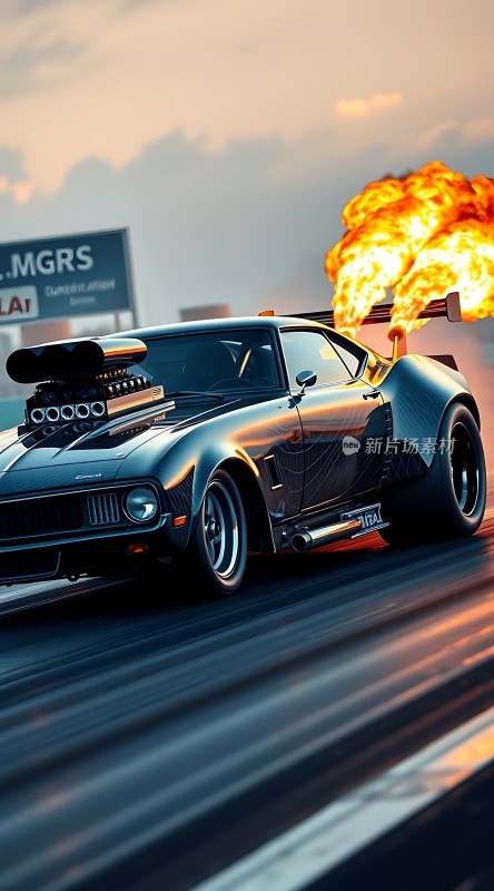 黑色赛车疾驰尾部火焰冲天赛道上展现速度与激情