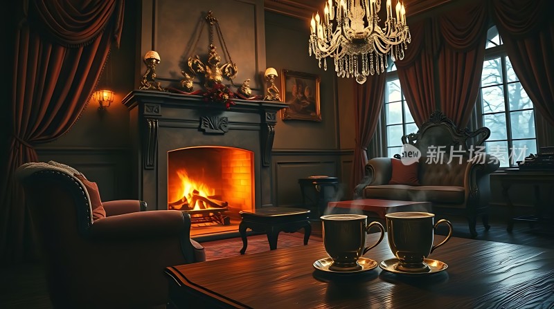 温馨壁炉旁的优雅下午茶时光