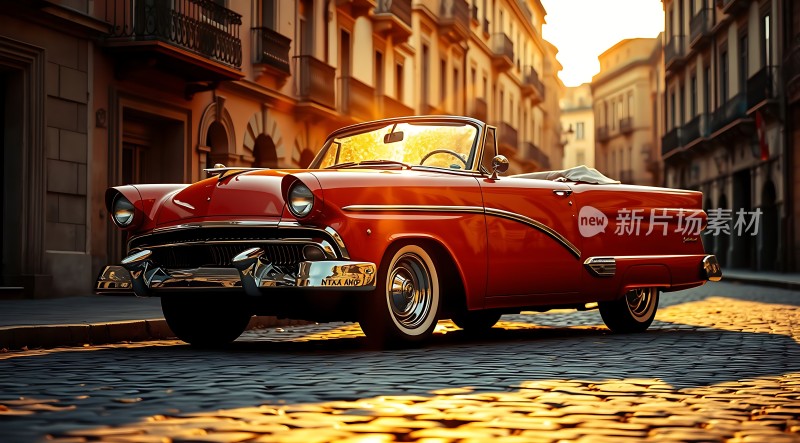 经典红车阳光下的复古风情