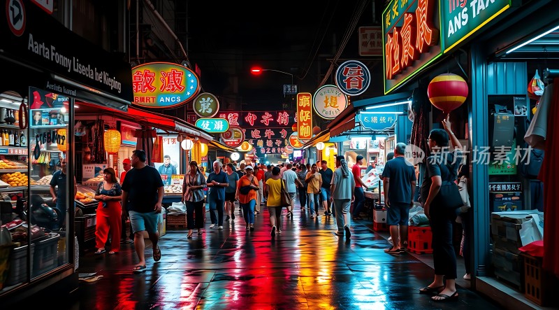 繁华夜市霓虹闪烁热闹非凡