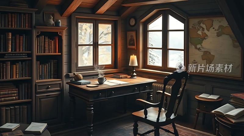书架上的古老书籍和桌上的地图