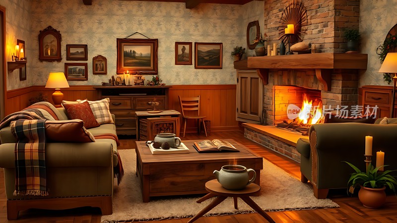 温馨壁炉客厅舒适沙发茶几精美装饰画温暖灯光营造宁静氛围