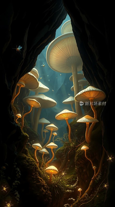 神秘洞穴中的发光蘑菇世界