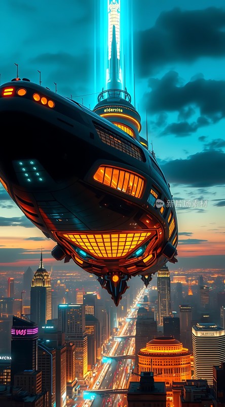 未来之城悬浮巨舰与霓虹都市