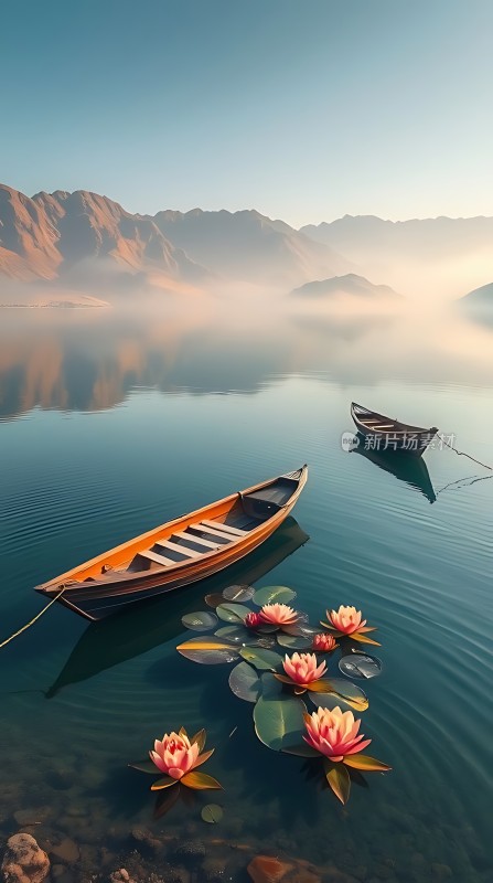 湖畔轻舟映山色荷花静卧水中央