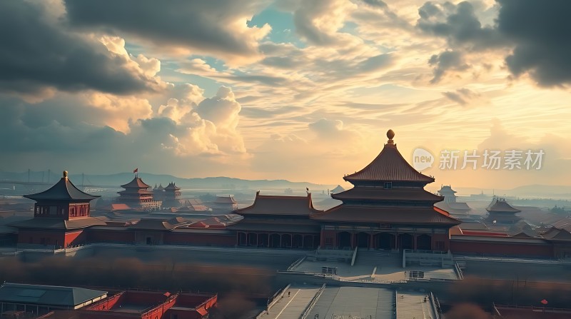 故宫日落红墙金瓦映衬下的壮丽景象