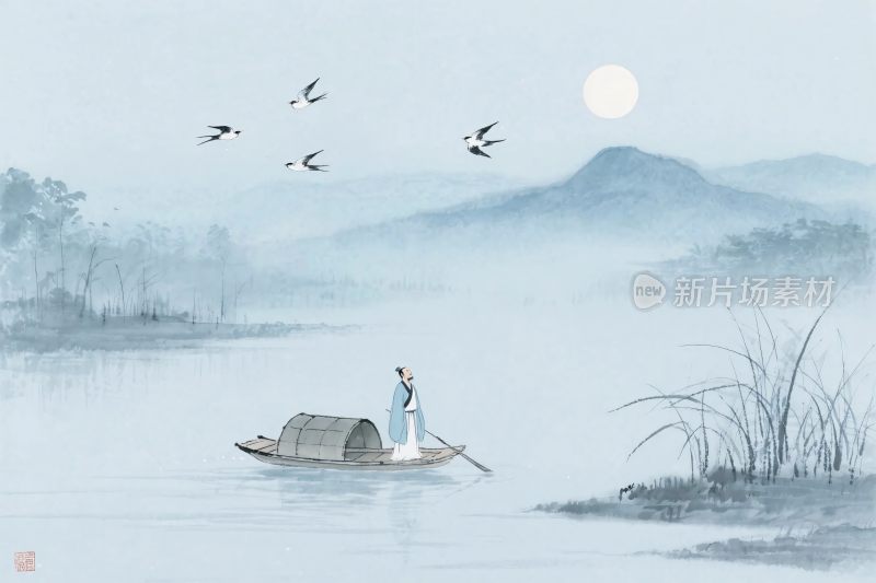 水墨山水渔船图