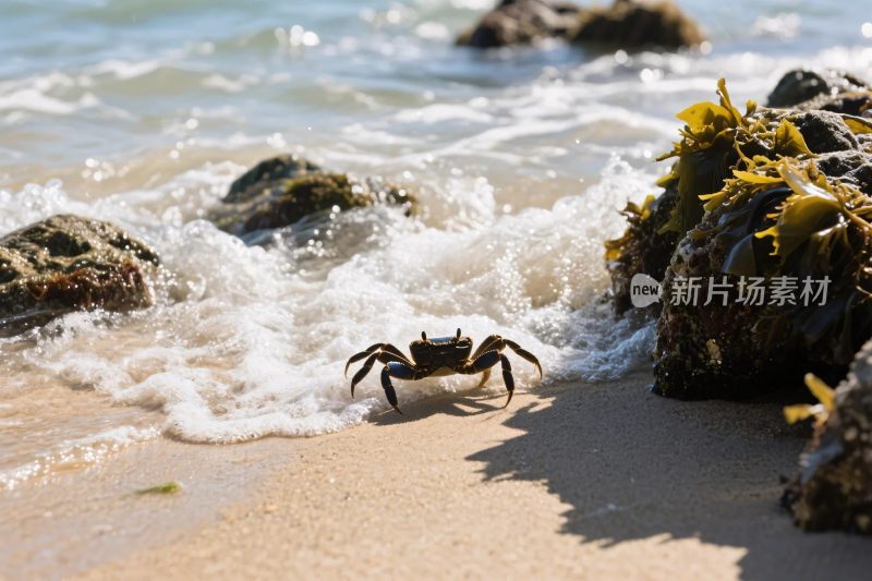 海滩螃蟹与海浪