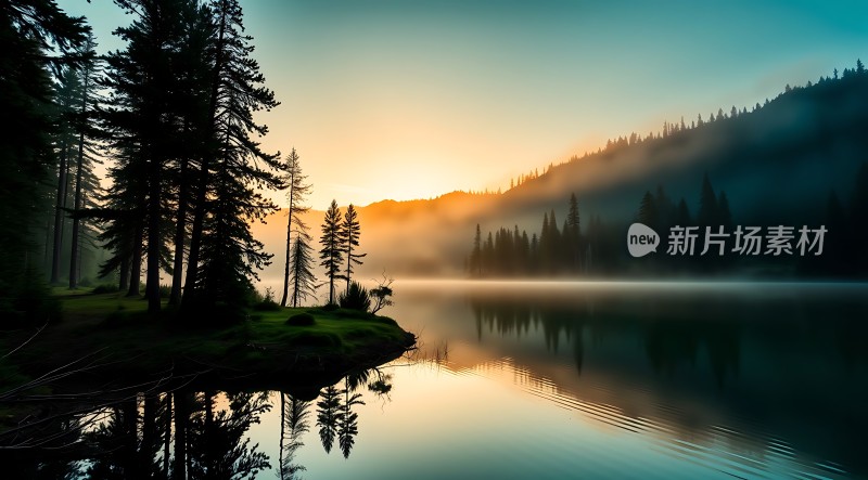 湖畔晨曦映翠林