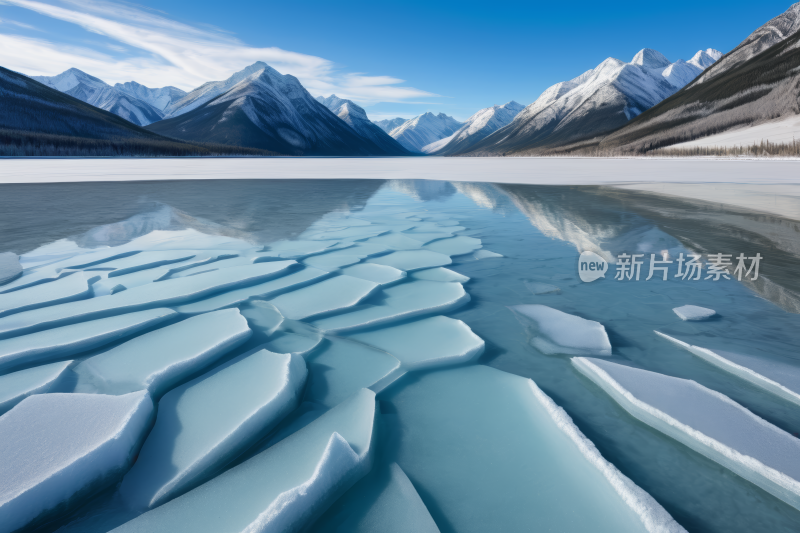 浮冰漂浮一个山脉的湖中高清风景图片