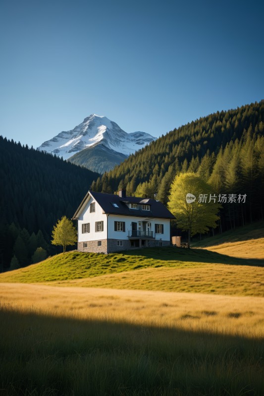 田野中央一座房子一座高山清图片