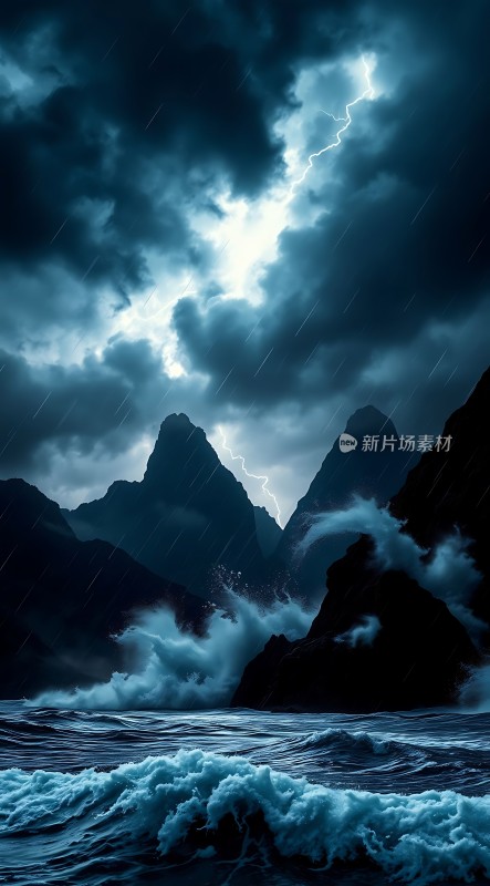 风暴中的闪电与海浪