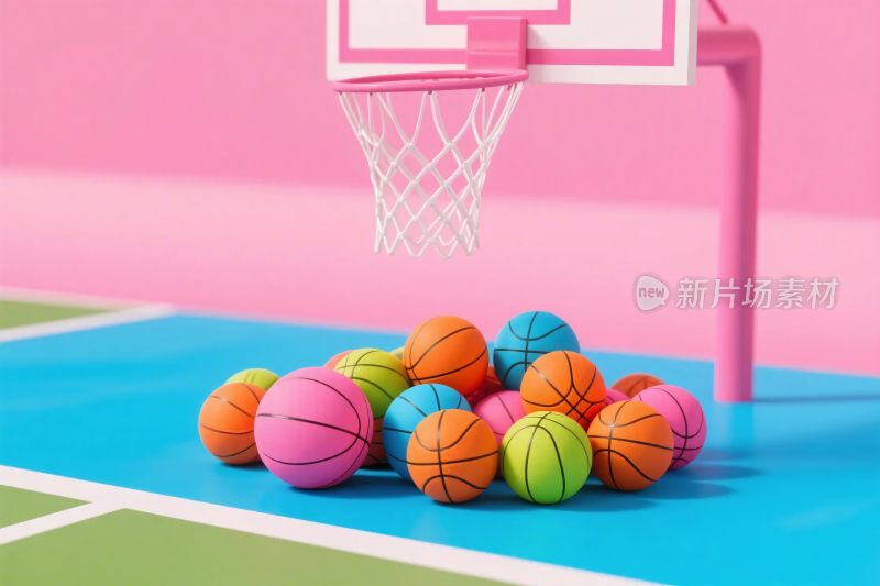 彩色篮球与篮球框场景