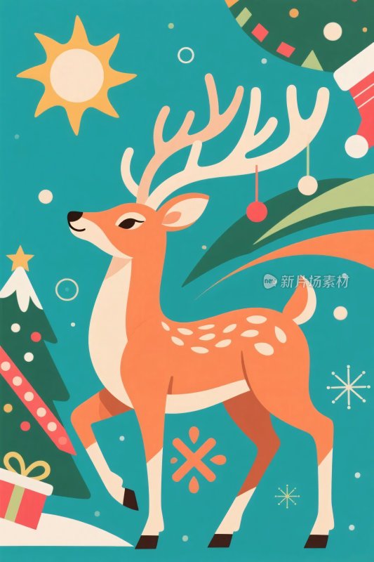 卡通圣诞驯鹿节日插画
