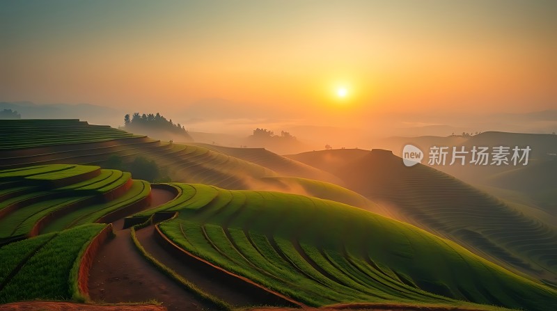 梯田晨曦阳光洒满大地