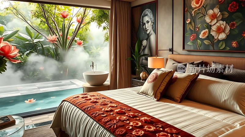 豪华卧室窗外绿意盎然室内温馨舒适