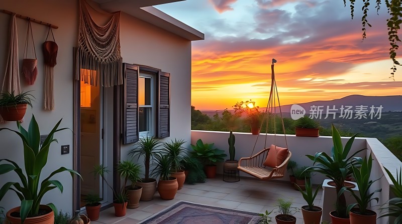 日落下的宁静阳台绿意盎然吊椅静候