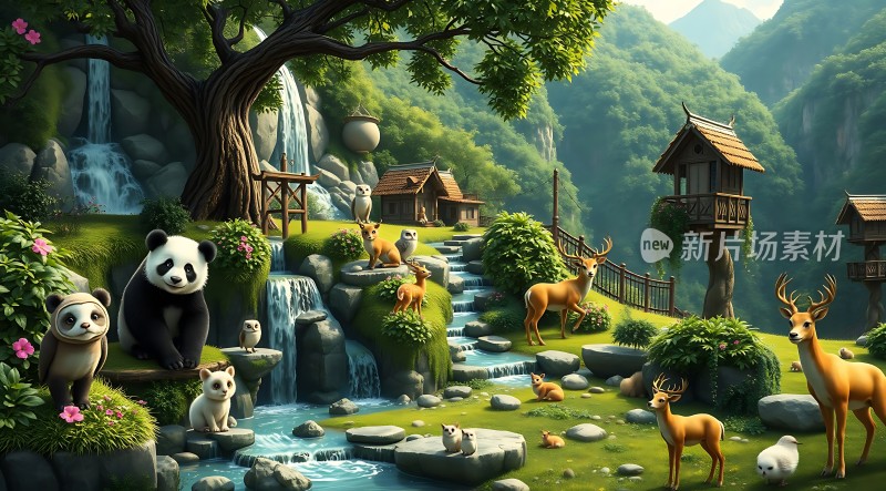 森林秘境熊猫与鹿的和谐家园