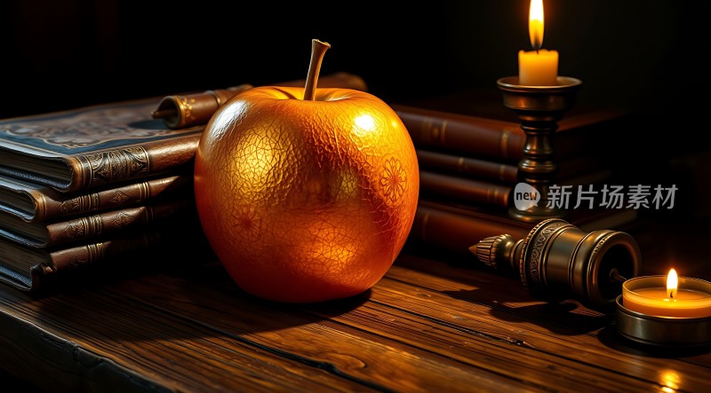 金色苹果与蜡烛的温馨夜晚
