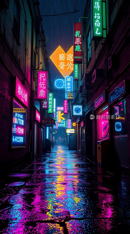 霓虹灯下的雨夜街头