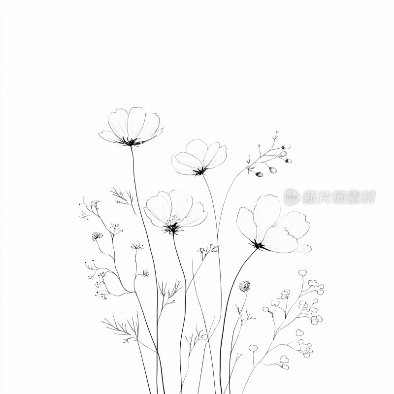 黑白线条花卉插画
