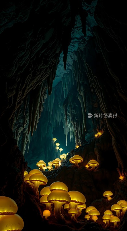 神秘洞穴中的发光蘑菇