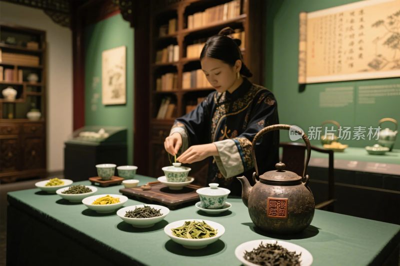 女子专注进行茶艺展示