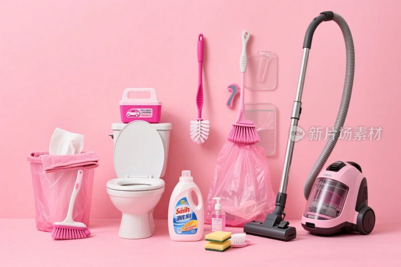 粉色背景清洁用品布置