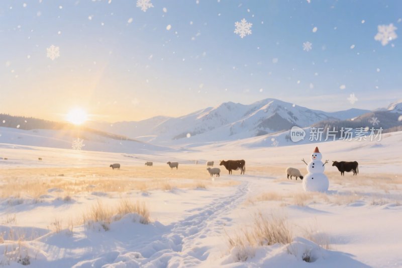 冬日雪地牛群雪人风景