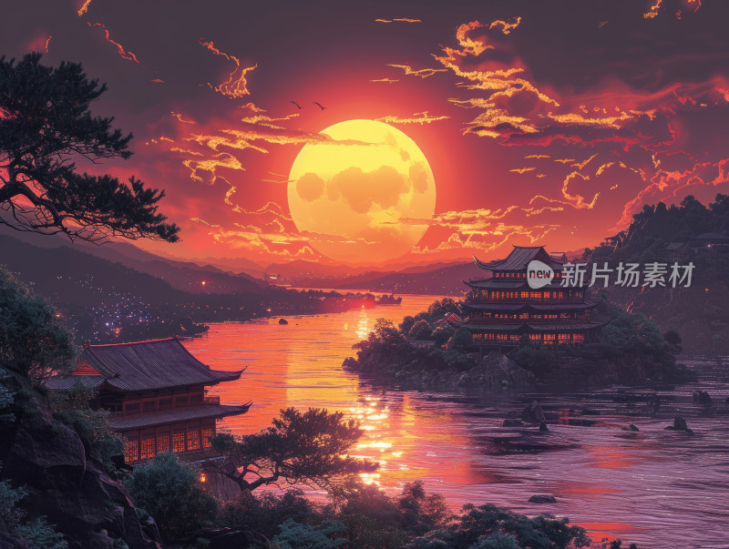 中国风古建筑夕阳落日图