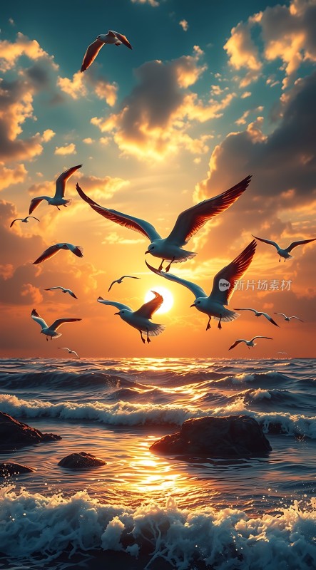 海鸥翱翔日落时分的海洋
