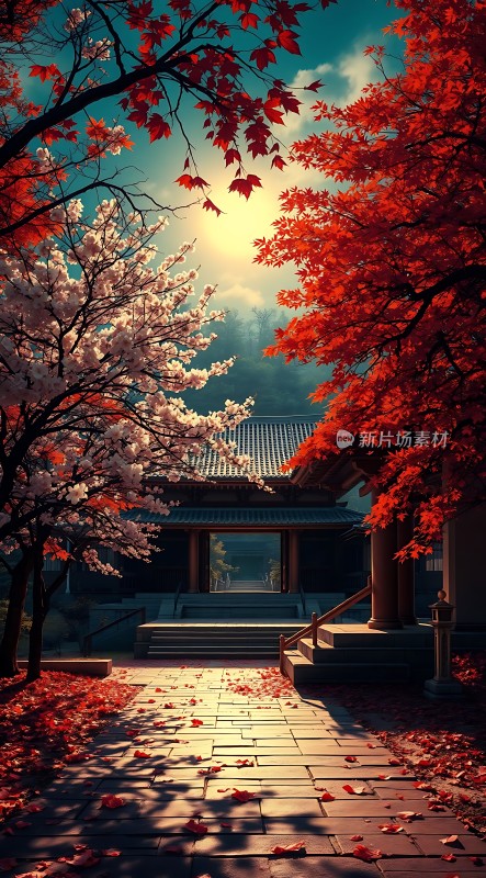 秋日古院红枫白樱