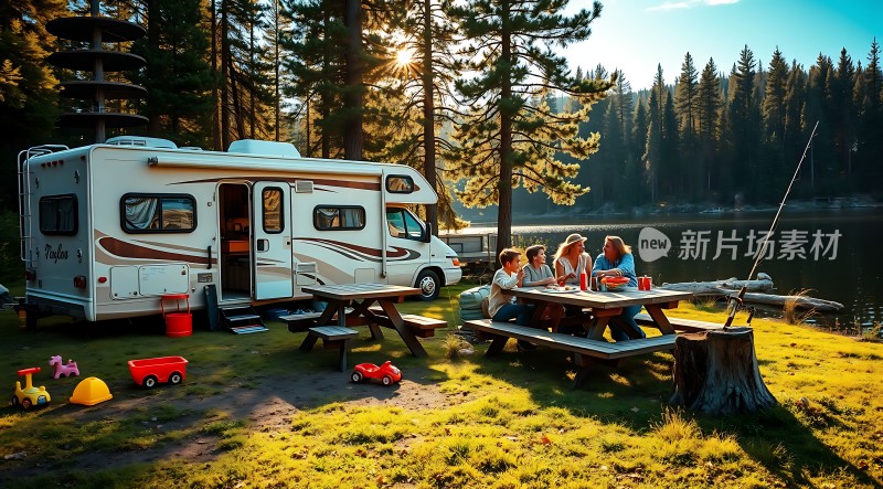 湖畔露营家庭欢乐时光