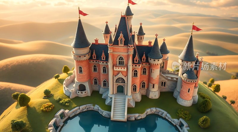童话城堡梦幻般的红色尖顶建筑坐落在绿意盎然的山丘上湖畔美景尽收眼底