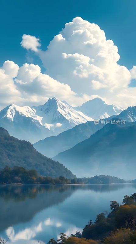 雪山白云映湖畔静谧美景入眼帘