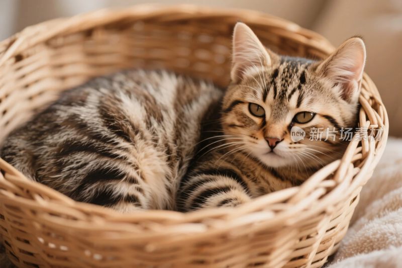 窝在篮子里的可爱猫咪