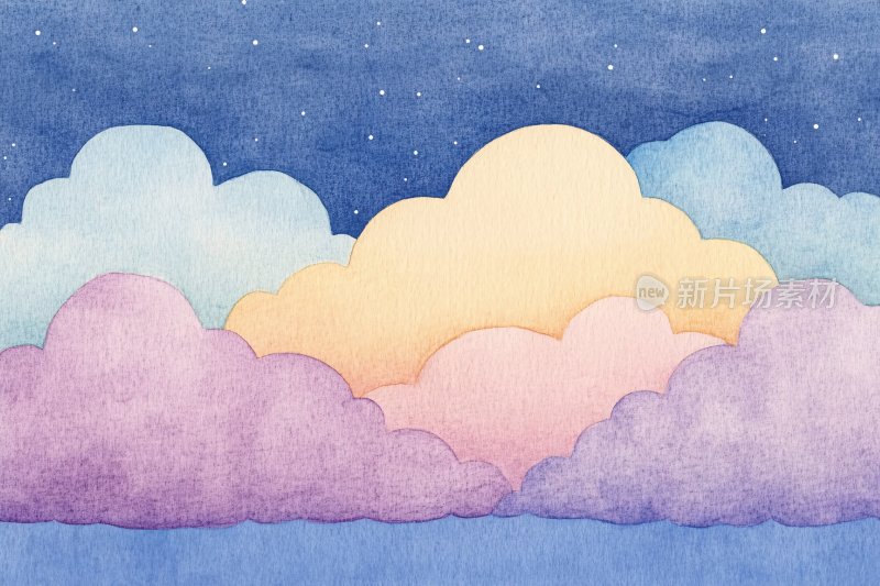 梦幻水彩夜空云朵插画
