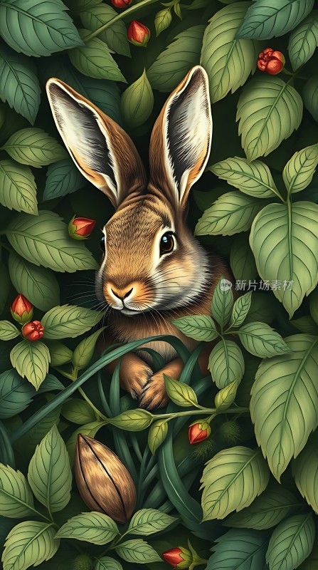 绿叶丛中探出头的小兔子